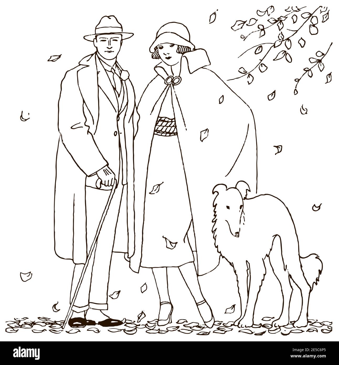 Homme et femme des années 20 avec leur chien attendant dans le vent d'automne, entouré de feuilles en chute Illustration de Vecteur