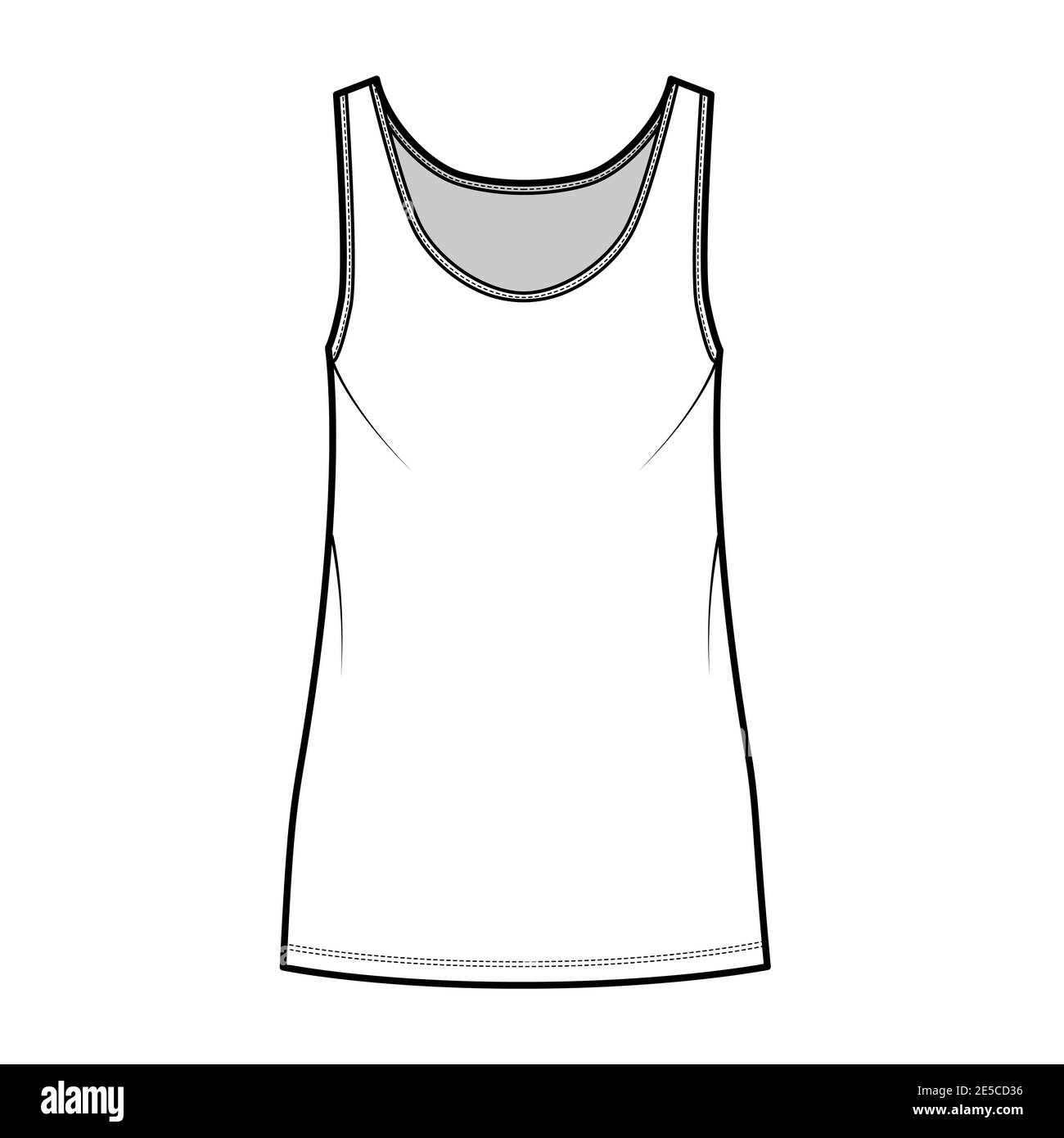 Débardeur robe technique mode illustration avec décolleté rond, bretelles, mini-longueur, grand corps, Pencil plénitude. Modèle de vêtement plat sur le devant, couleur blanche. Femmes, hommes, maquette de CAD unisex Illustration de Vecteur