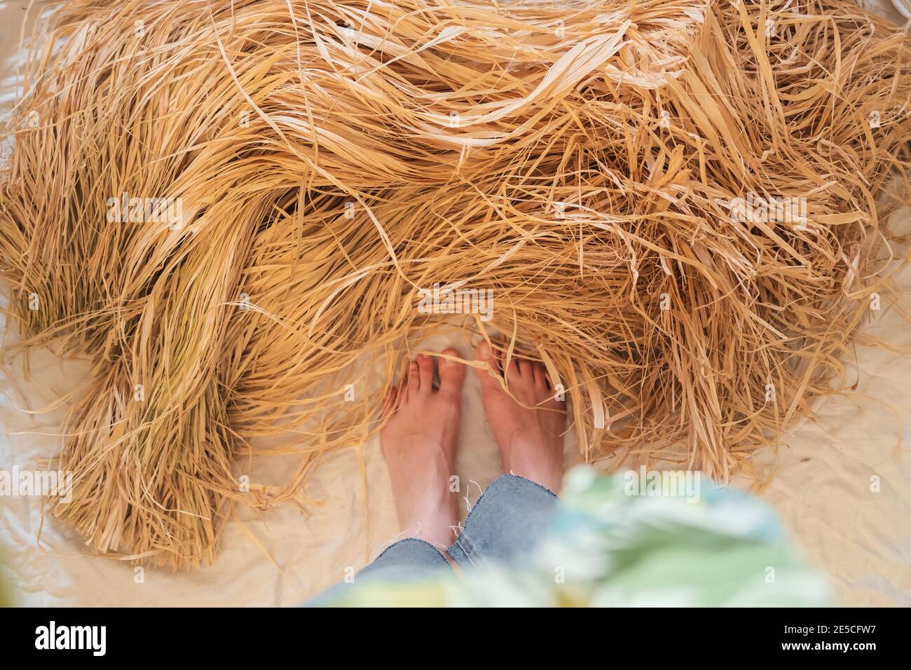 Pieds de femme et raphia naturel au palmier, vue du dessus. Aucun produit de remplissage pour les emballages de déchets, matériaux de bricolage naturels Banque D'Images