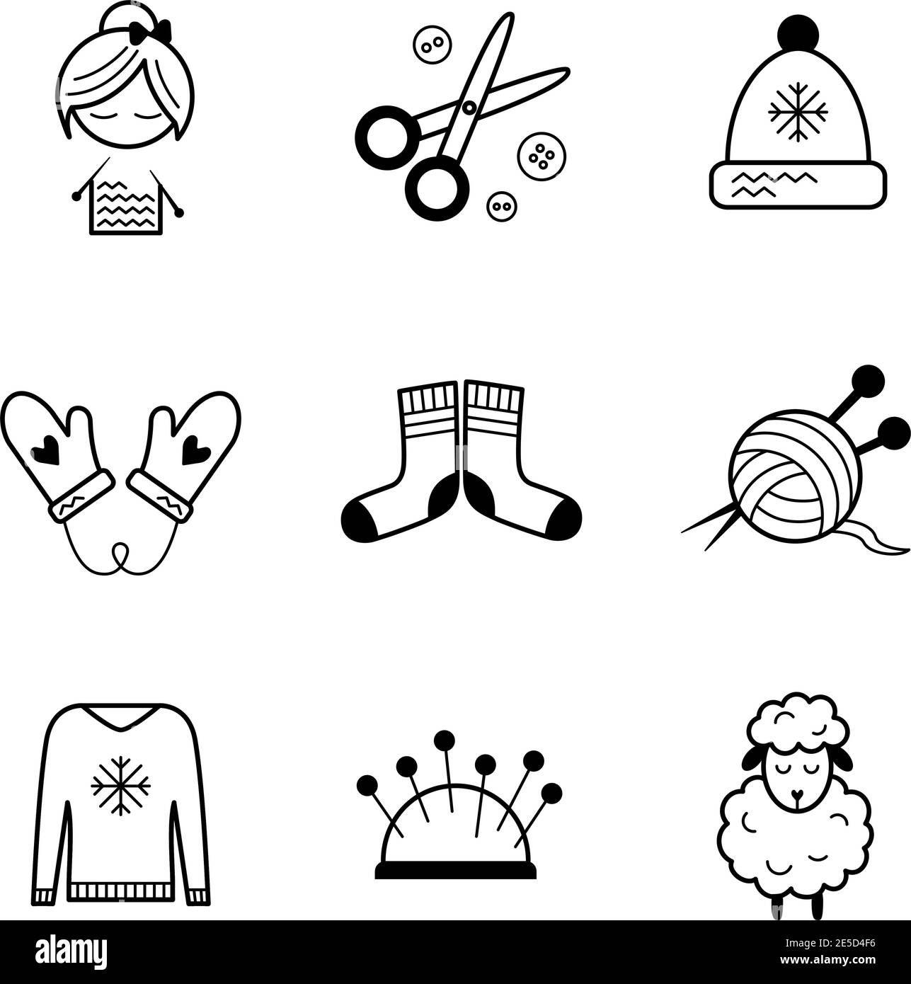 Ensemble d'icônes simples et stylées au trait noir pour les travaux d'aiguille Illustration de Vecteur