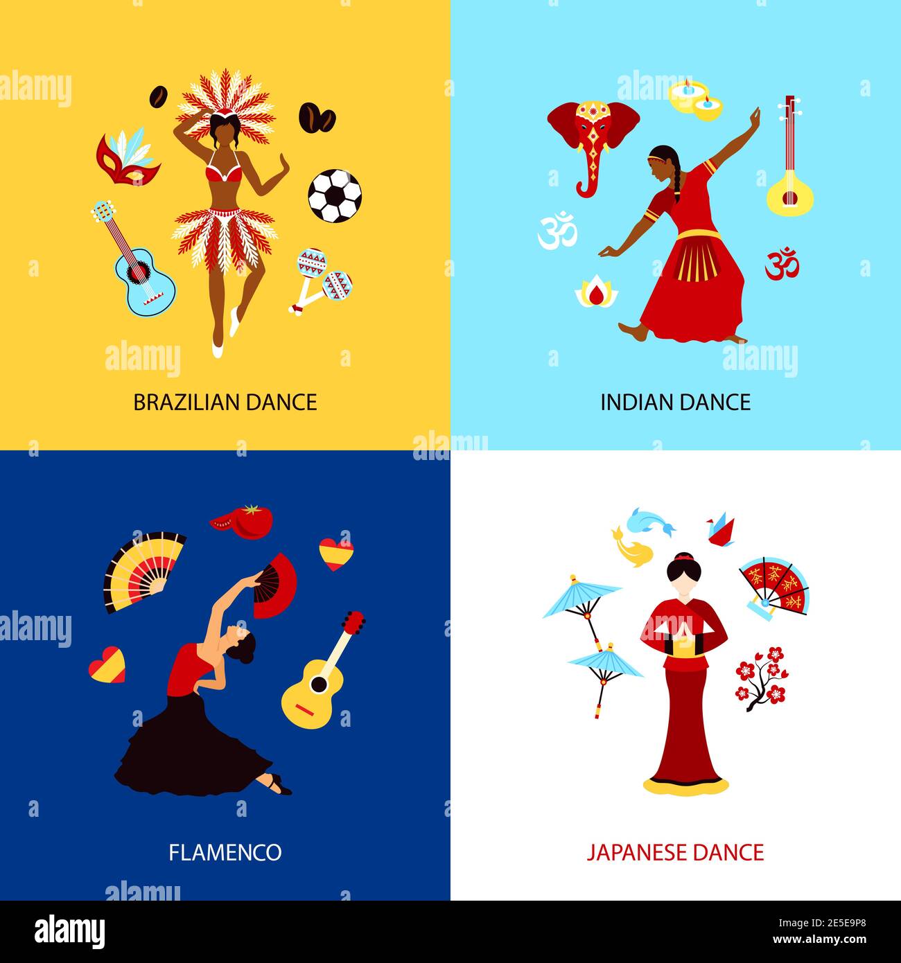 Femme dansant concept ensemble avec danse japonaise indienne brésilienne et illustration vectorielle isolée du flamenco Illustration de Vecteur