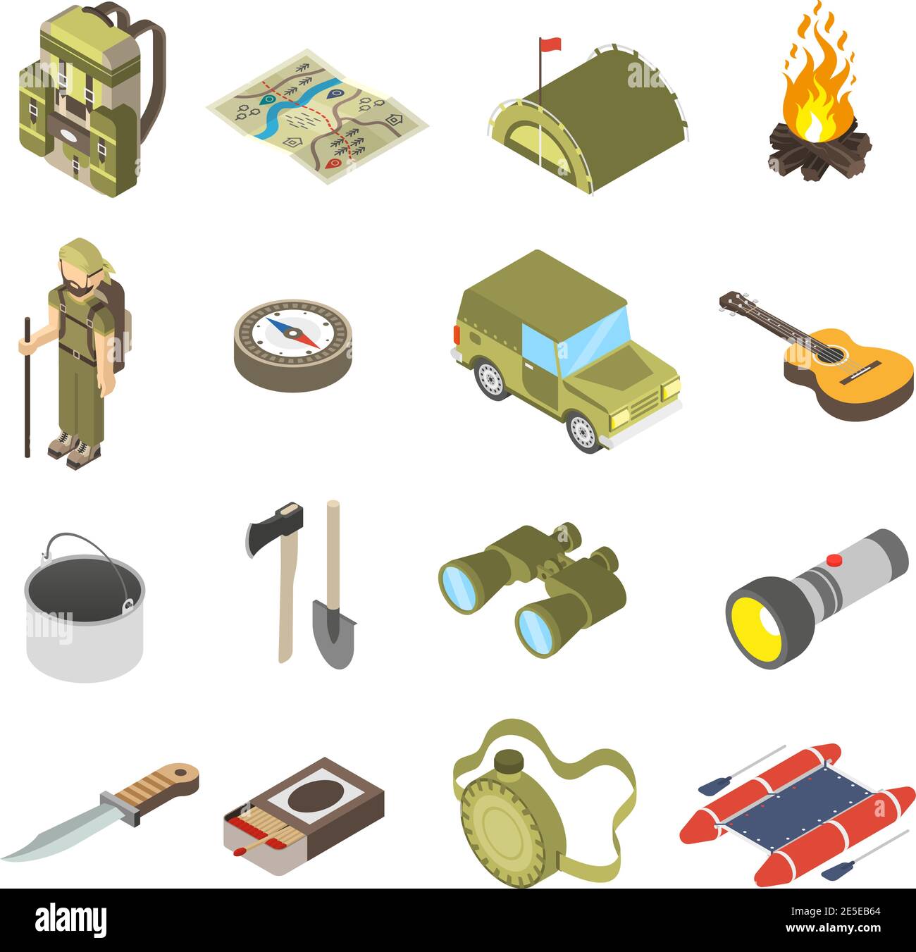 Ensemble d'icônes de randonnée et de camping avec des jumelles et une boussole à hache sac à dos couteau tente illustration de vecteur touristique Illustration de Vecteur