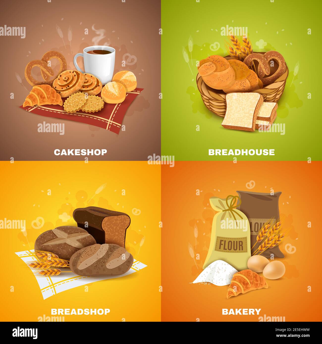 Boulangerie pour la meilleure qualité pain et pâtisserie 4 plat icônes carré composition bannière résumé illustration vectorielle Illustration de Vecteur
