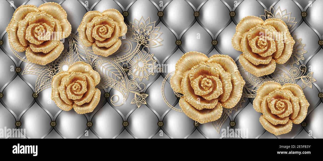 Fond d'écran 3D photomural, rendu de haute qualité illustration de fond d'écran mural décoratif, fond d'écran 3D de salon de fleur. Banque D'Images