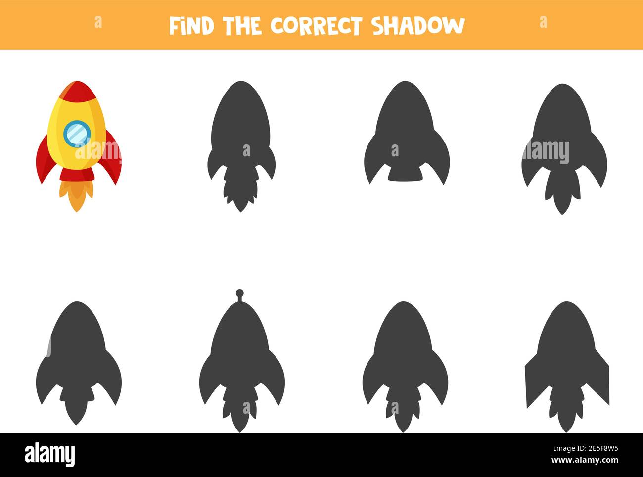 Trouvez l'ombre d'une fusée de bande dessinée. Jeu logique pour les enfants. Illustration de Vecteur