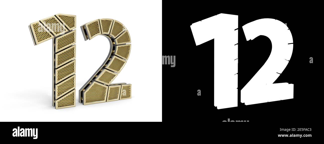 Numéro d'or douze (numéro 12) découpé en segments d'or perforés avec canal alpha et ombre sur fond blanc. Illustration 3D Banque D'Images