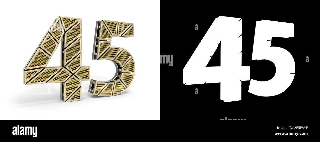 Numéro d'or quarante-cinq (numéro 45) découpé en segments d'or perforés avec canal alpha et ombre sur fond blanc. Illustration 3D Banque D'Images