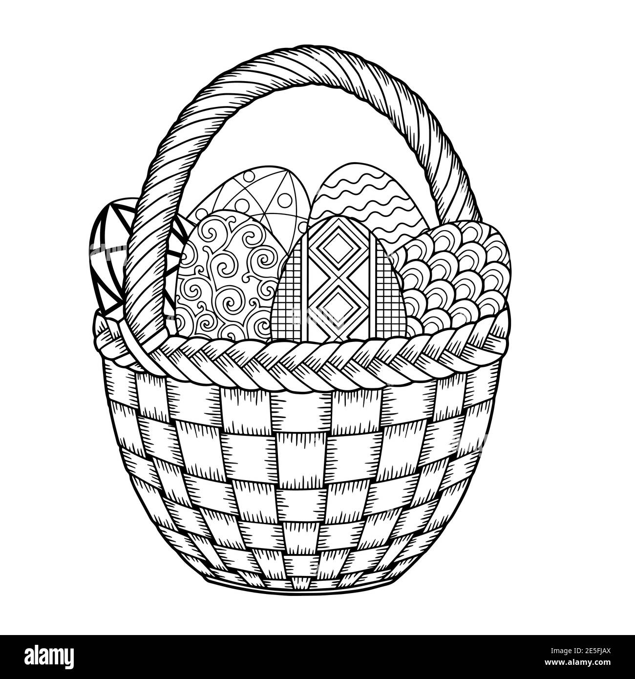 Joyeuses Pâques. Œufs de Pâques en noir et blanc dans le panier. Livre de coloriage pour adultes pour la détente et la méditation. Éléments isolés vectoriels Illustration de Vecteur