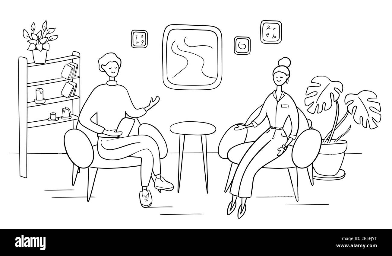 Un hôte masculin pose la question de la célébrité célèbre dans un spectacle télévisé. Une star féminine populaire donne un entretien à un présentateur de télévision dans un studio de diffusion. Chaîne d'entretien Internet Illustration de Vecteur