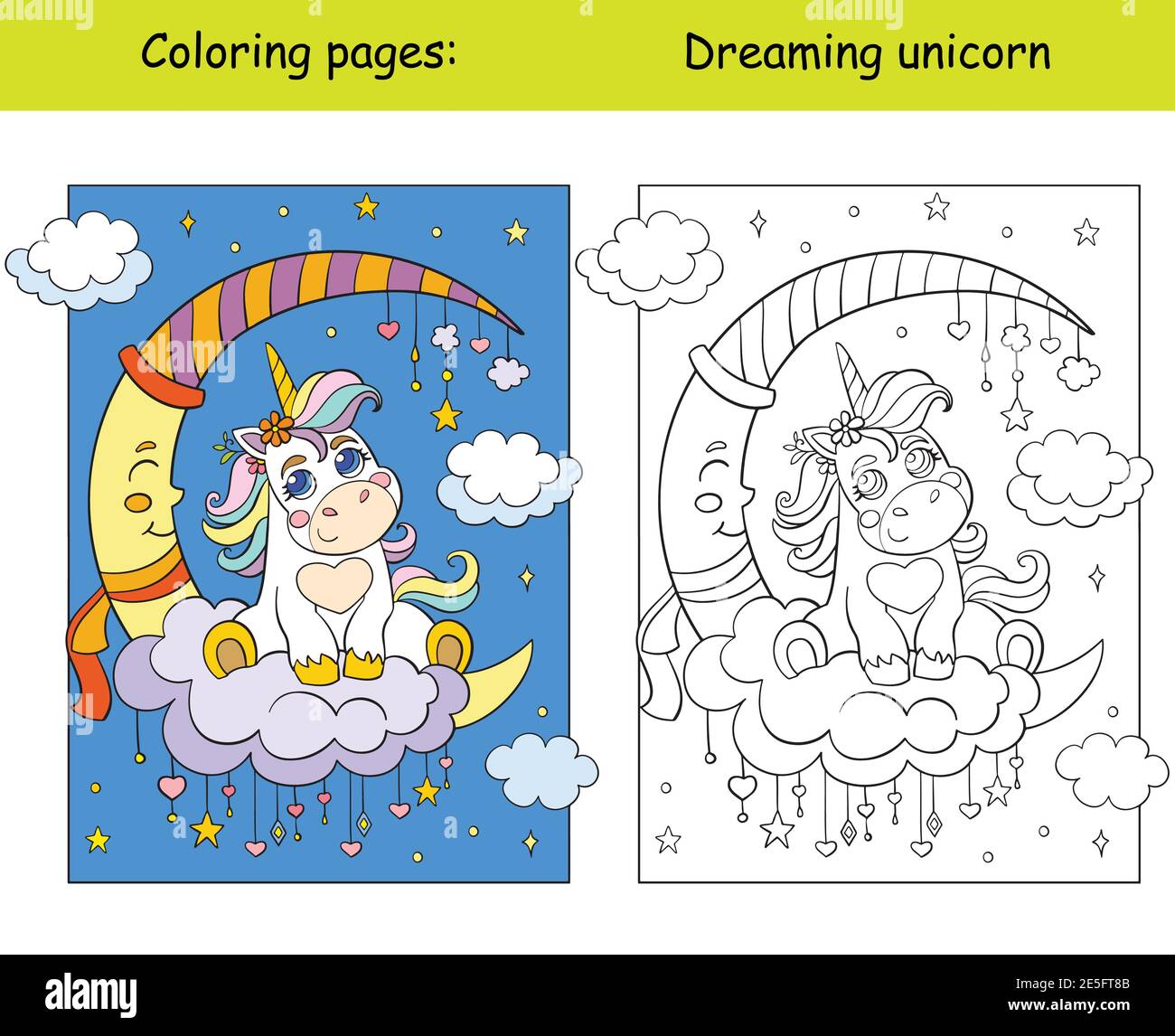 Mignon bébé unicorn assis sur un nuage avec la lune et les étoiles. Page de livre de coloriage avec modèle de couleur. Illustration de dessin animé vectoriel isolée sur blanc. Pour Illustration de Vecteur
