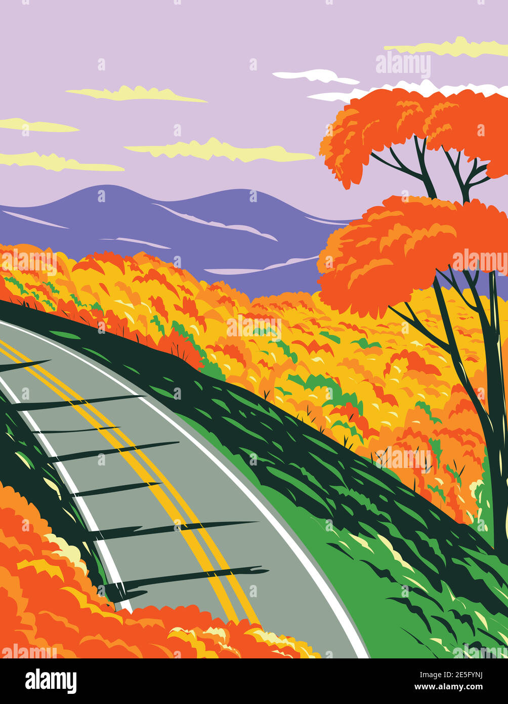 Affiche WPA art de Skyline Drive au parc national Shenandoah avec les montagnes Blue Ridge à l'automne en Virginie, États-Unis fait en travaux pro Illustration de Vecteur