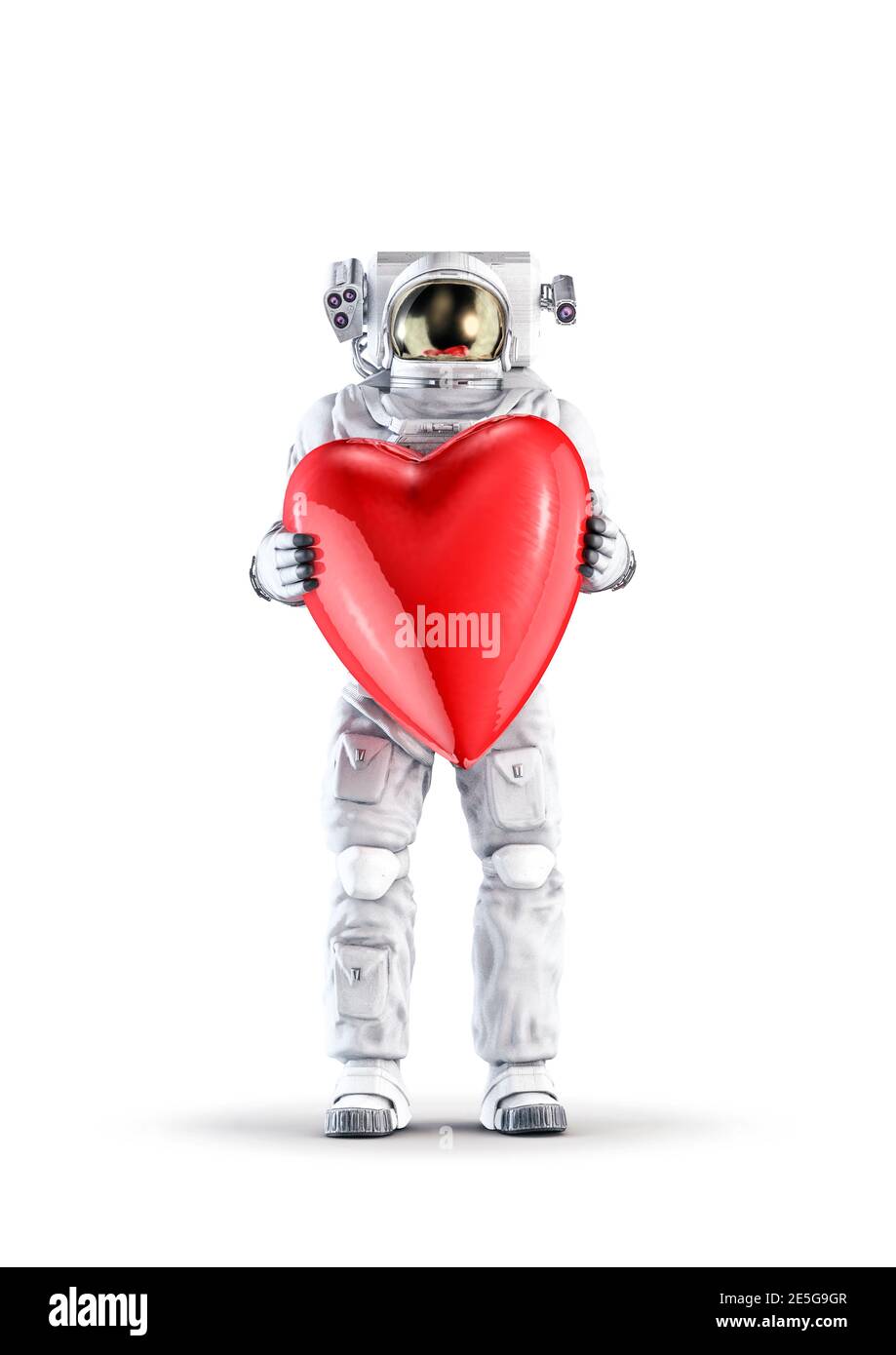 Astronaute avec coeur de Saint-Valentin / illustration 3D de la combinaison spatiale Portant une figure mâle tenant un grand cœur rouge de la Saint-Valentin isolé sur blanc studio ba Banque D'Images