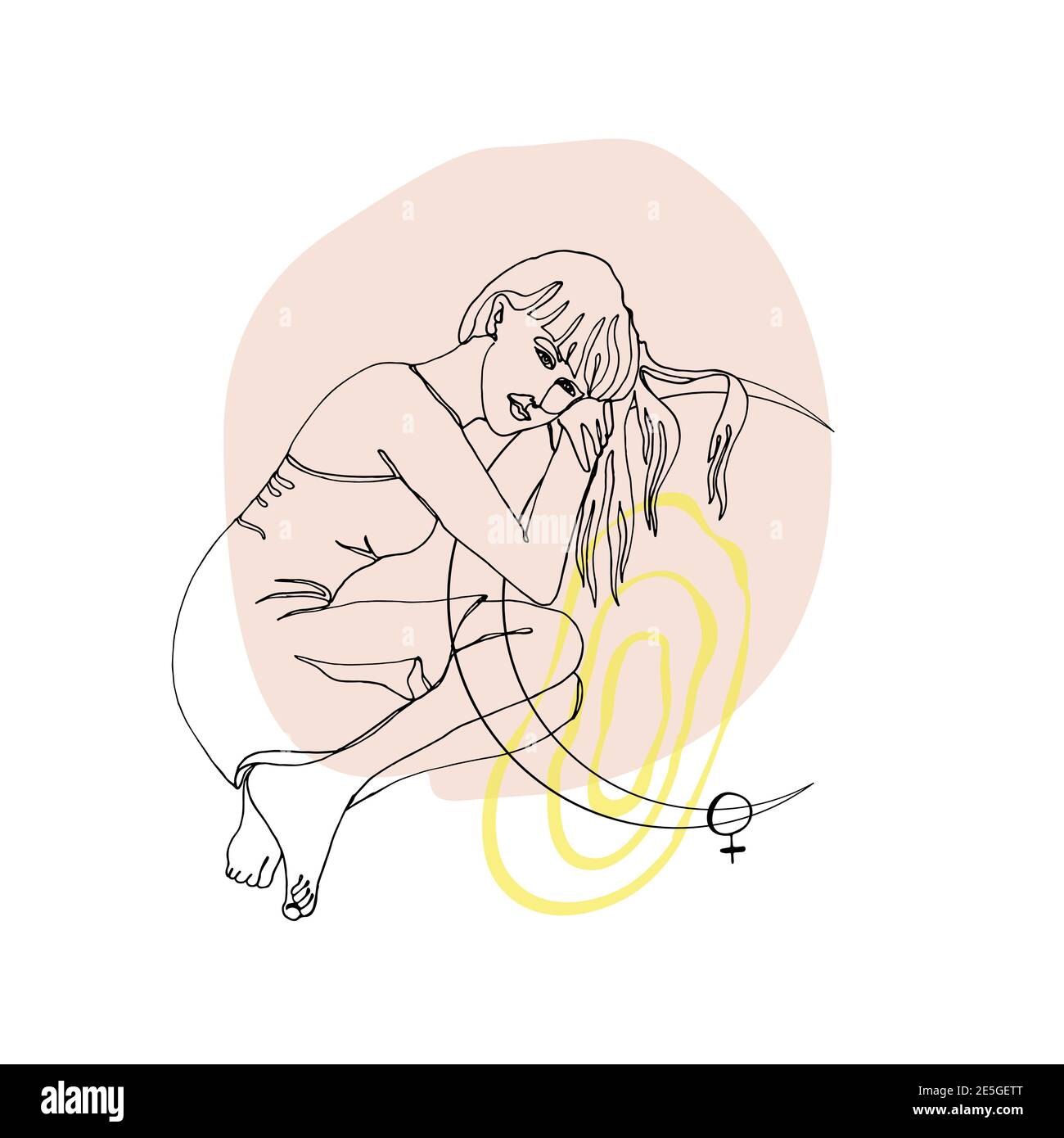 Dessin d'une seule ligne de assis belle femme avec la lune et signe vénus sur fond géométrique neutre abstrait Illustration de Vecteur