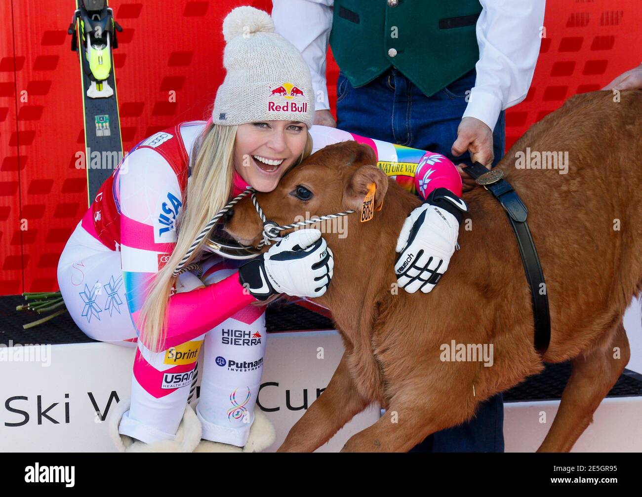 Lindsey Vonn of the U.S. poses for photographers with a cow she won as a prize after finishing first in the women's World Cup Downhill skiing race in Val d'Isere, French Alps, December 20, 2014.  REUTERS/Robert Pratta   (FRANCE - Tags: SPORT SKIING ANIMALS) Banque D'Images