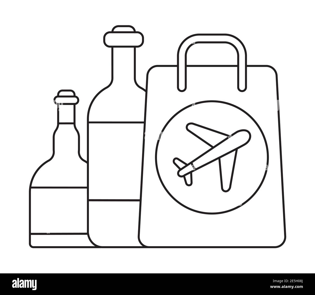 Vecteur d'icône hors taxes en forme de contour. Le sac avec flacon est illustré. La compagnie aérienne se trouve sur le côté du sac. Illustration de Vecteur