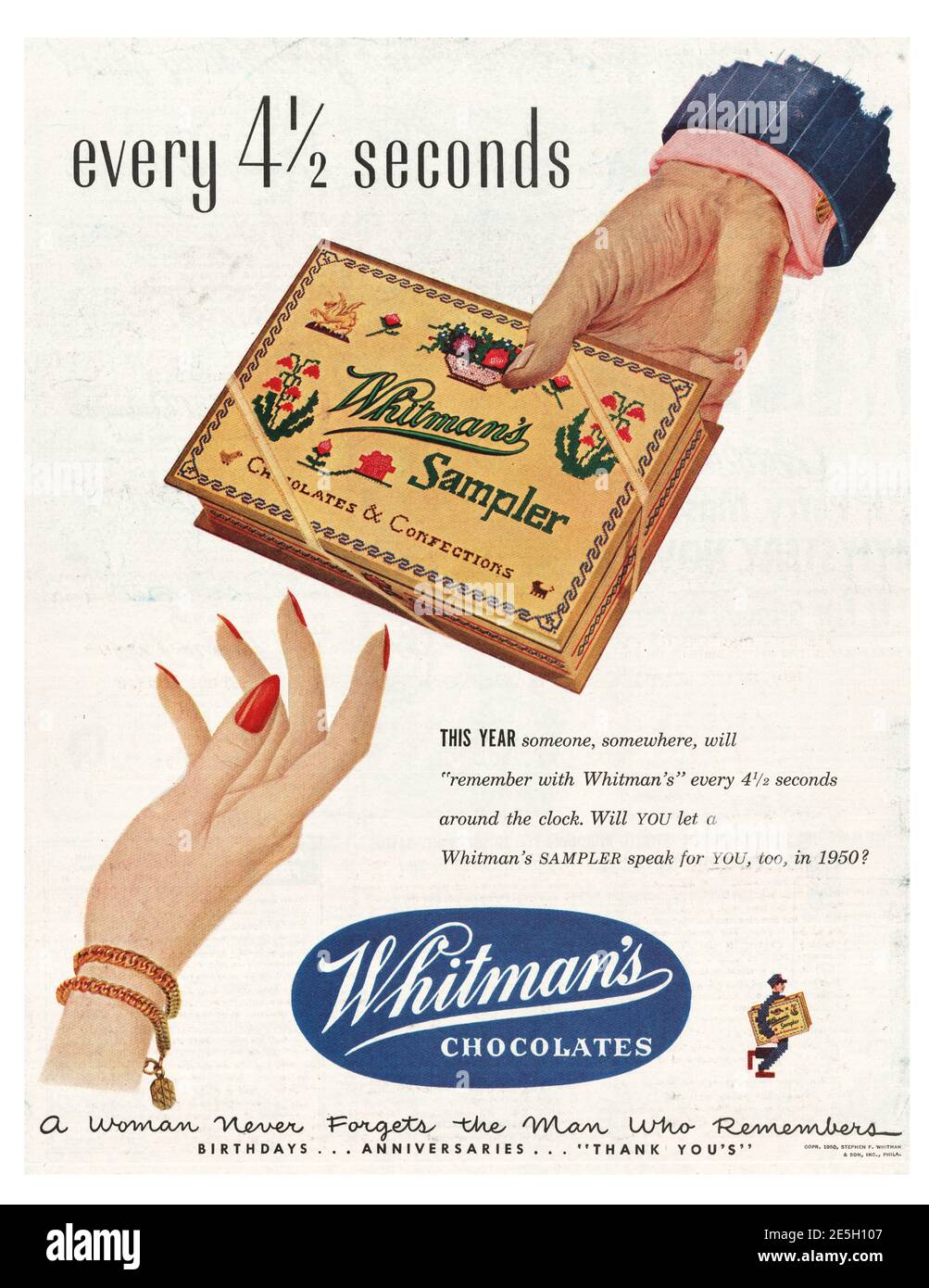 1950 U.S. Magazine Whitman's Chocolates publicité Banque D'Images