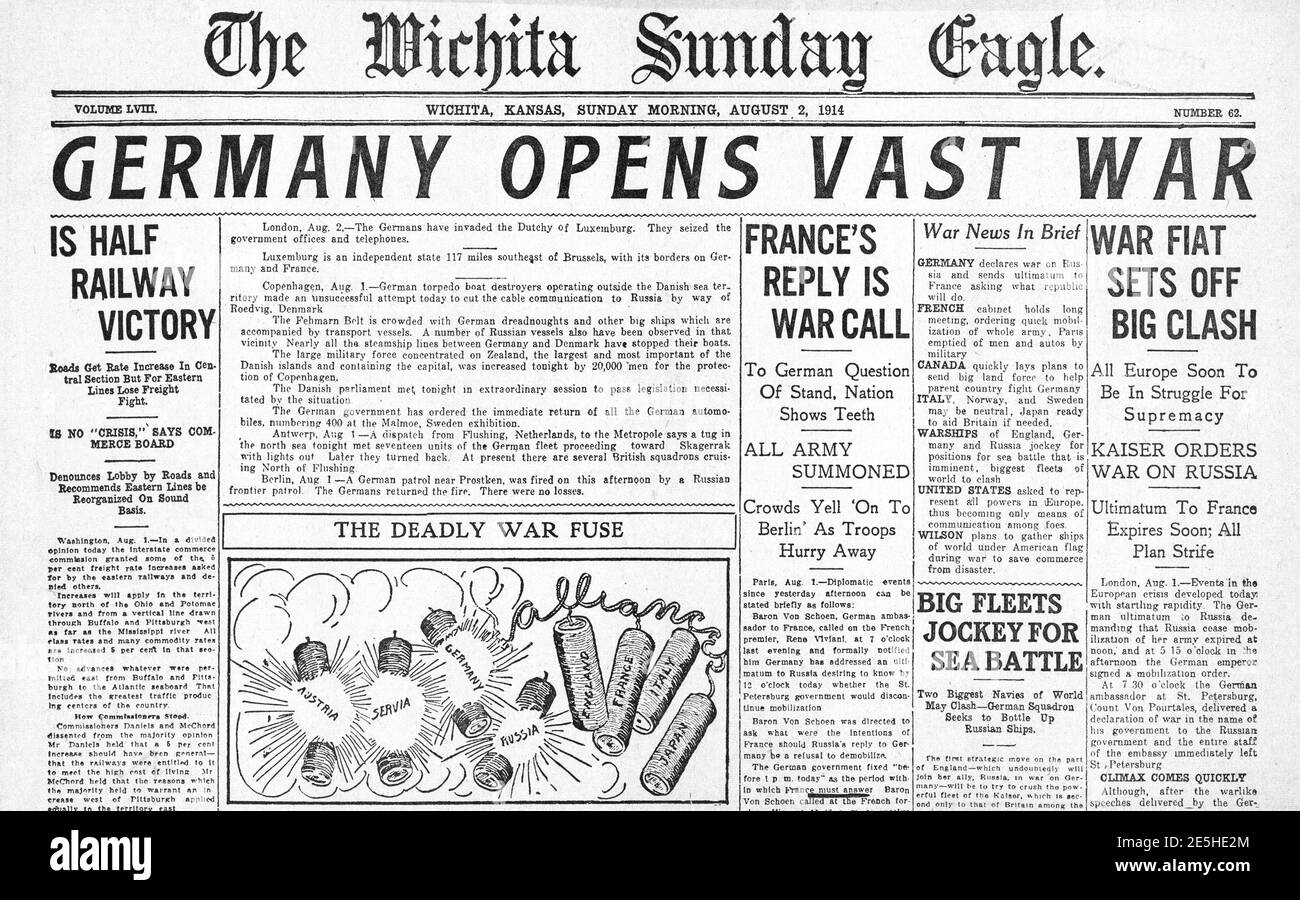 1914 Wichita Sunday Eagle l'Allemagne déclare la guerre à la Russie Banque D'Images