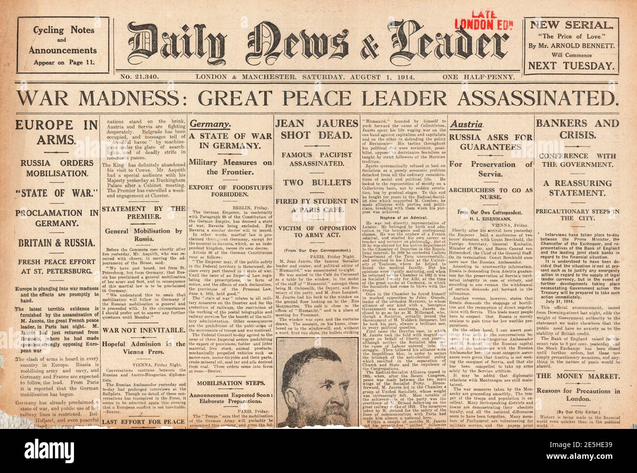 1914 nouvelles quotidiennes assassinat de Jean Jaurès Photo Stock - Alamy