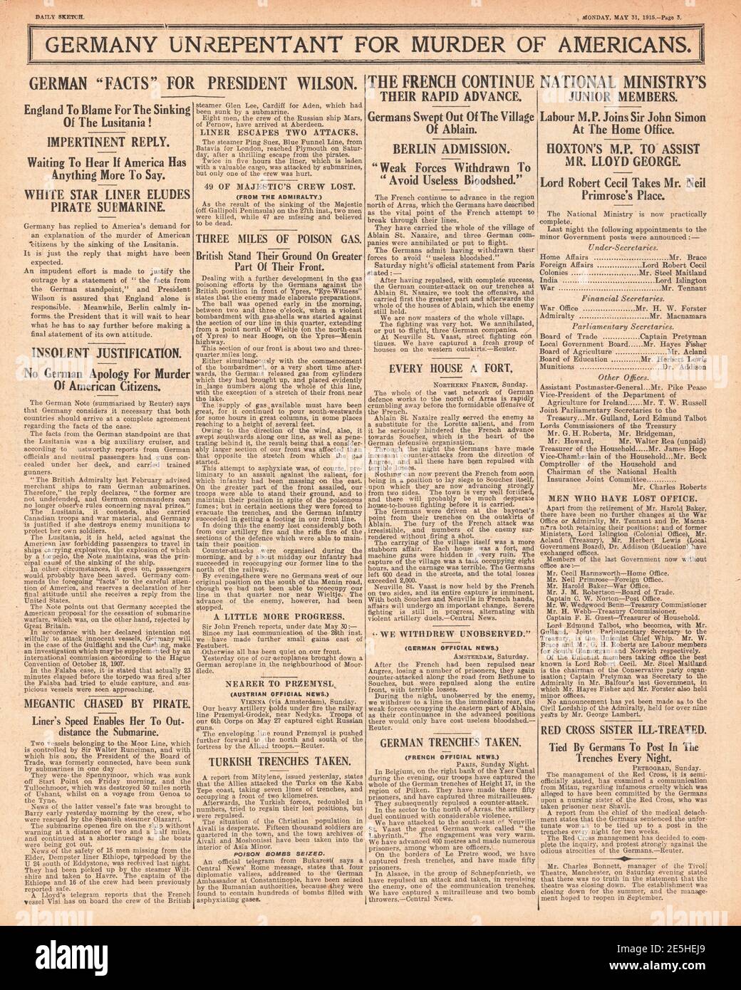 1915 esquisse quotidienne du naufrage de la Lusitania RMS Banque D'Images
