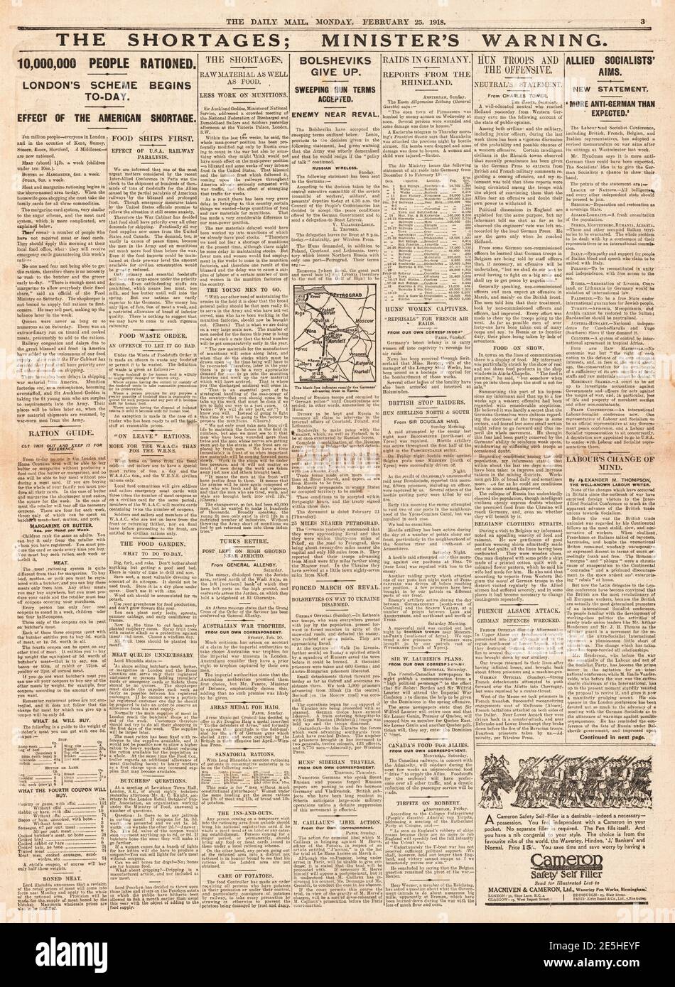 1918 pénuries alimentaires quotidiennes par la poste Banque D'Images
