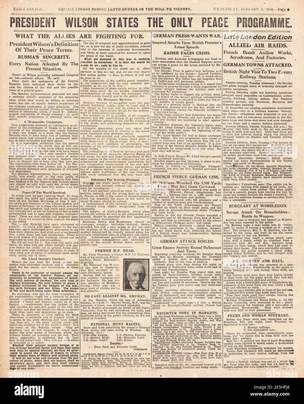 1918 Daily Sketch le président Wilson définit les termes de la paix Banque D'Images