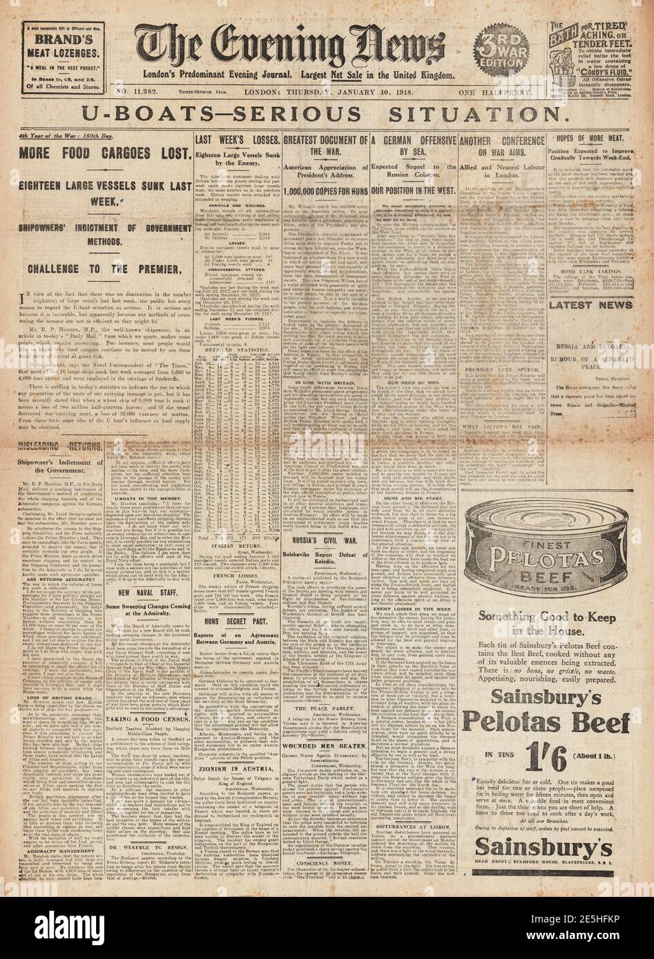 1918 nouvelles du soir préoccupations au sujet des attaques U-Boat sur la navigation marchande Banque D'Images