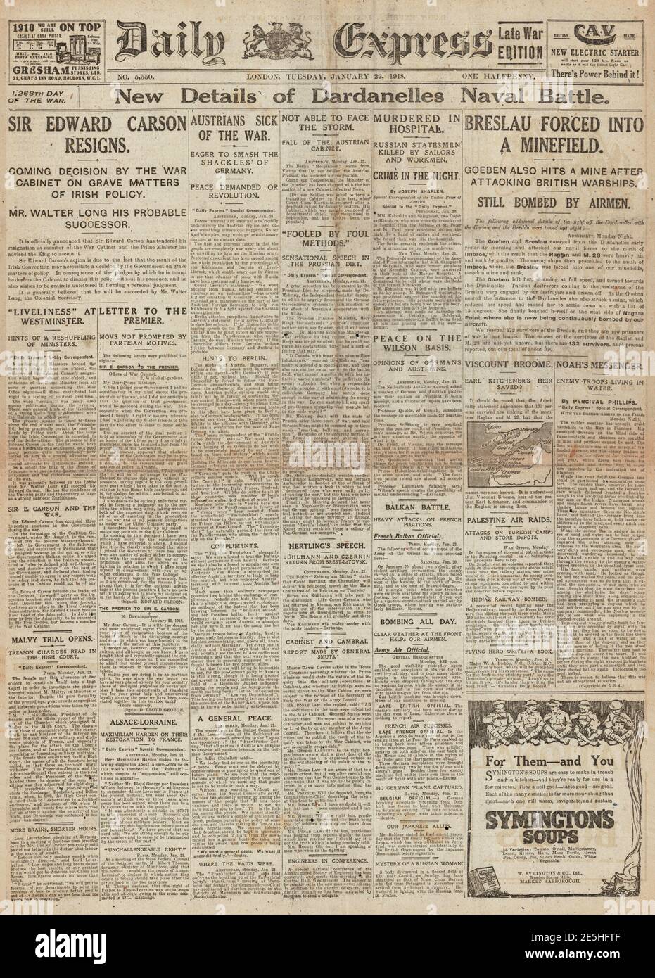 1918 Daily Express naufrage du croiseur allemand SMS Breslau Banque D'Images