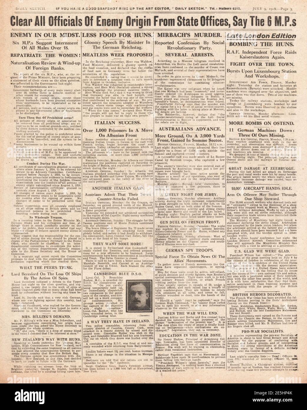 1918 les députés Daily Sketch appellent à l'internement des Allemands Banque D'Images