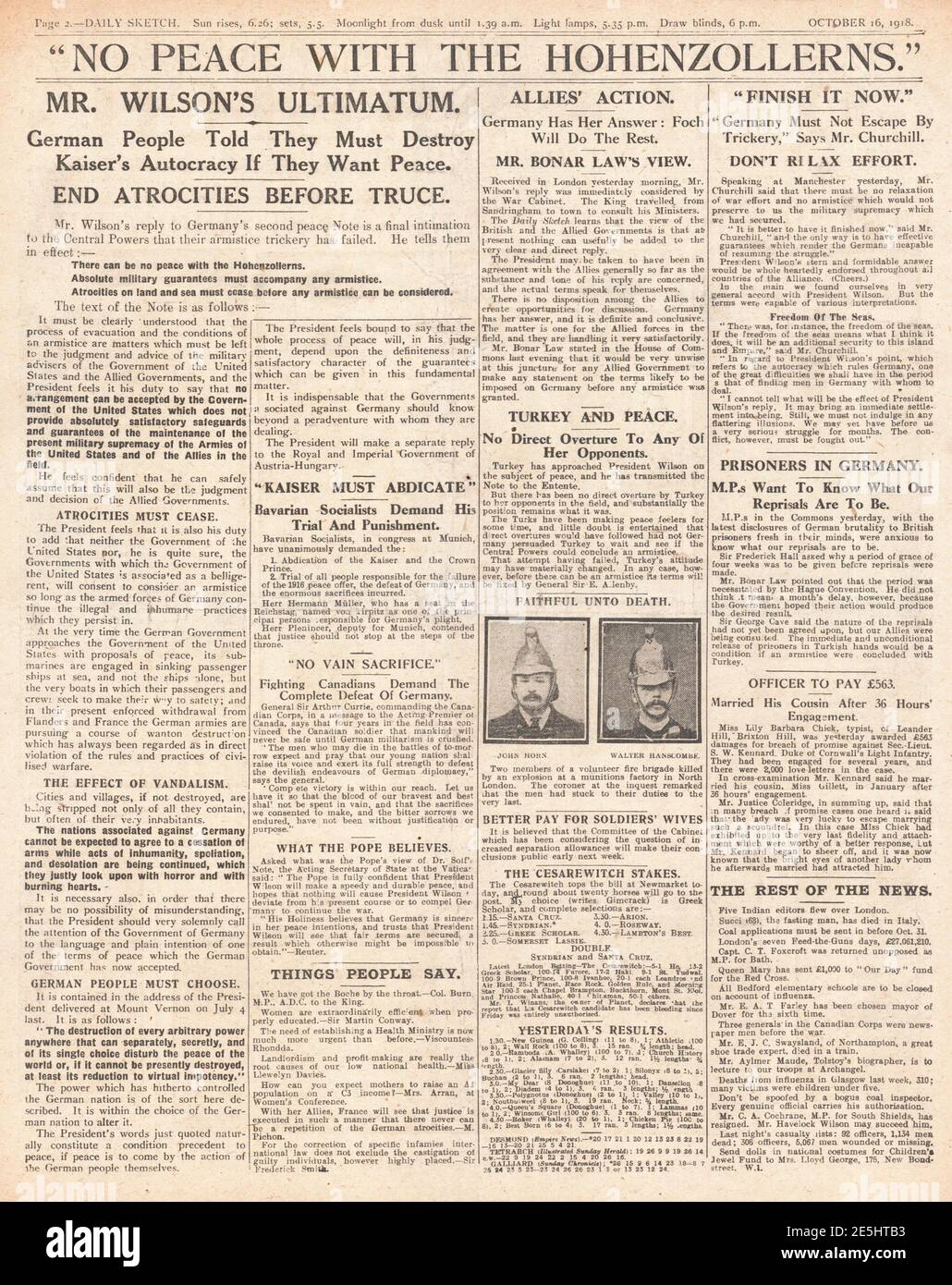 1918 Daily Sketch page 2 le président Wilson ne dit pas de paix Banque D'Images