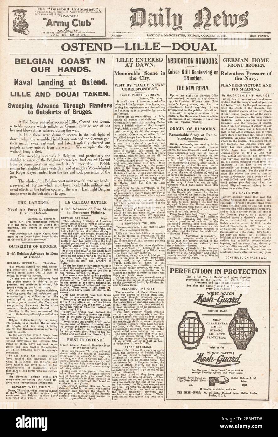 1918 Daily News première page alliés capture Ostende Banque D'Images