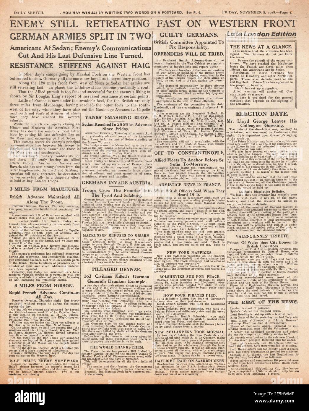 1918 Daily Sketch page 3 retraite de l'armée allemande le long de l'Ouest Avant Banque D'Images