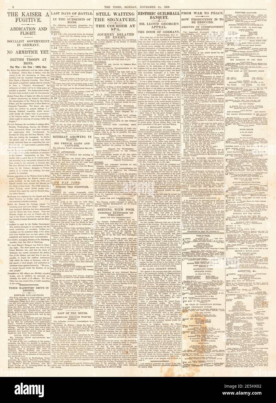 1918 The Times page 8 abdication de Kaiser Wilhelm II Banque D'Images