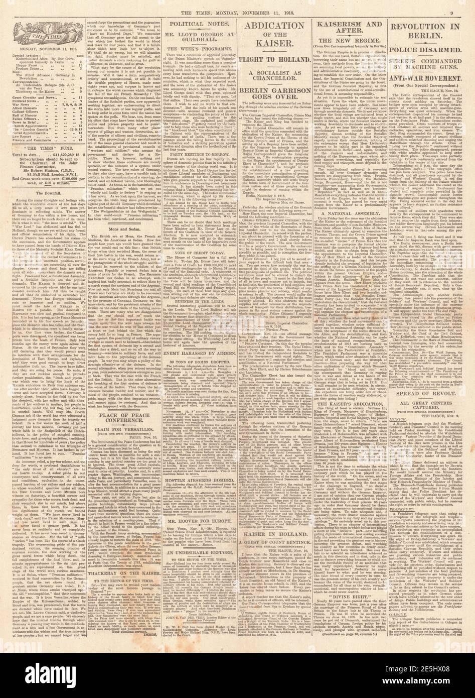 1918 The Times page 9 abdication de Kaiser Wilhelm II Banque D'Images