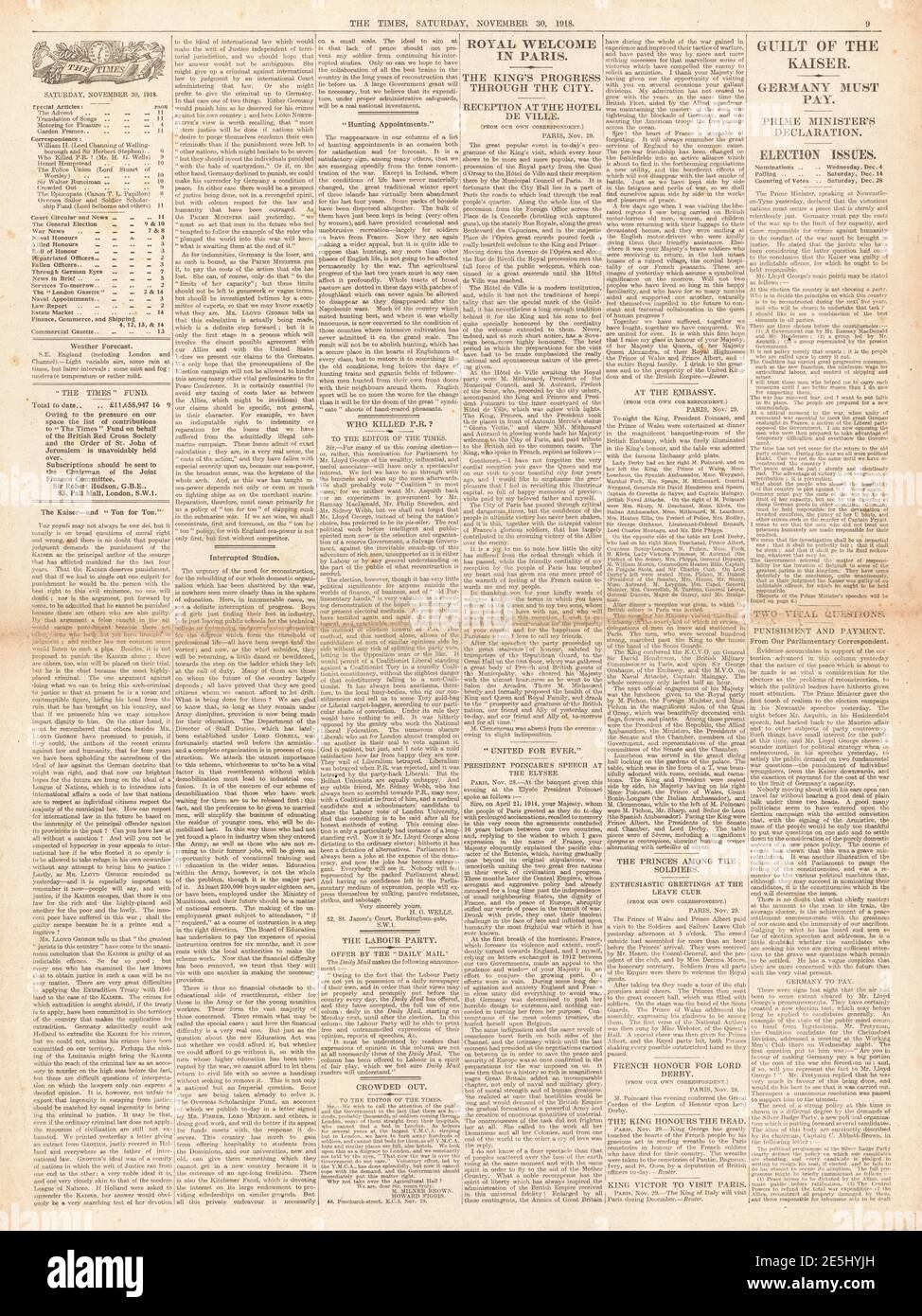 1918 la page Times 9 le roi George V visite Paris Banque D'Images