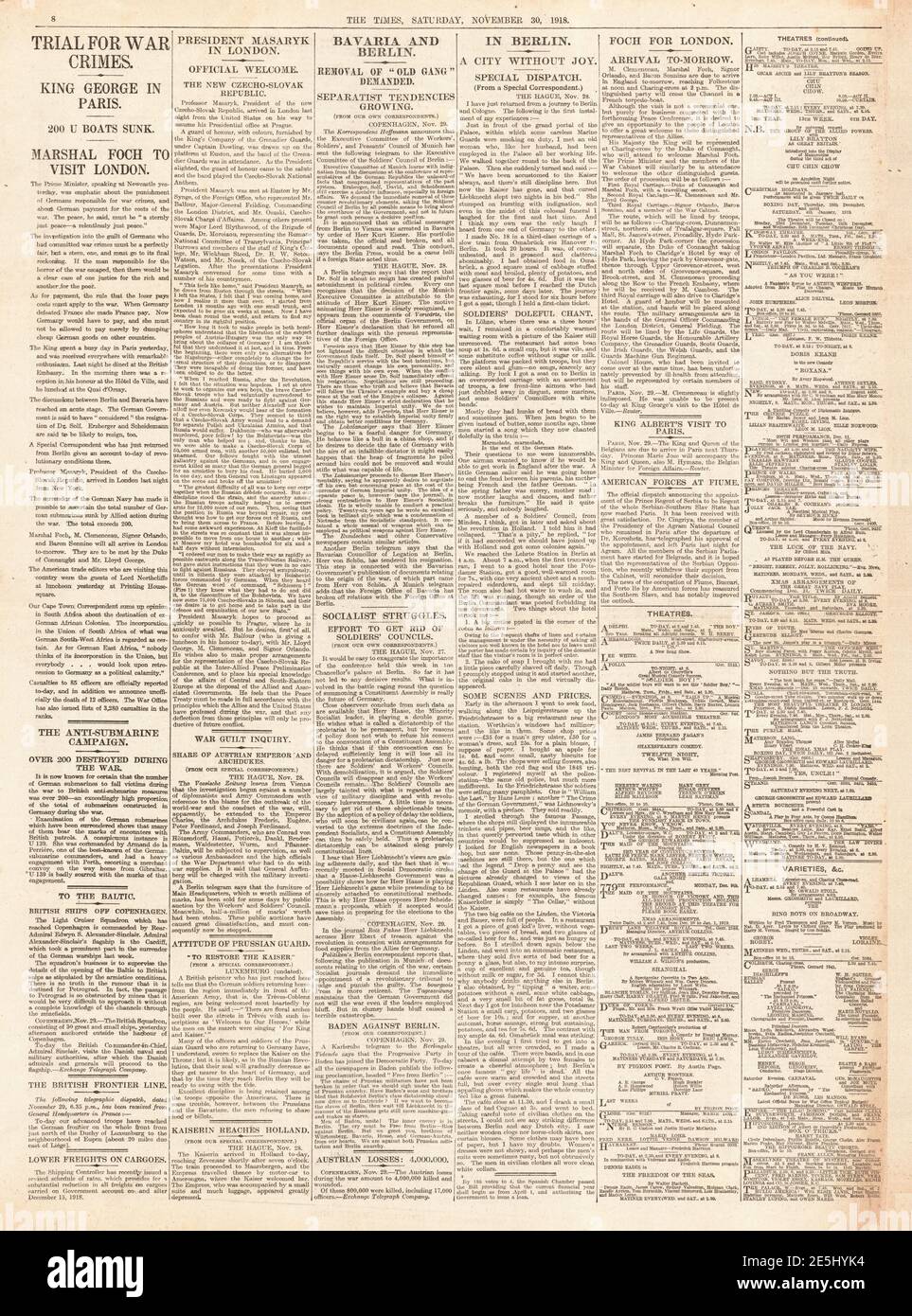 1918 The Times page 8 l'Allemagne et les crimes de guerre Banque D'Images