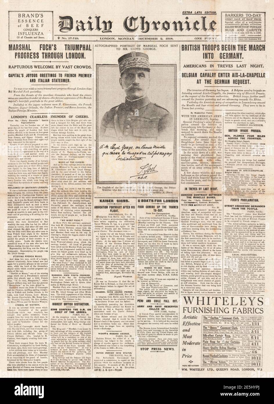 1918 Daily Chronicle première page Foch et Clémenceau à Londres Banque D'Images
