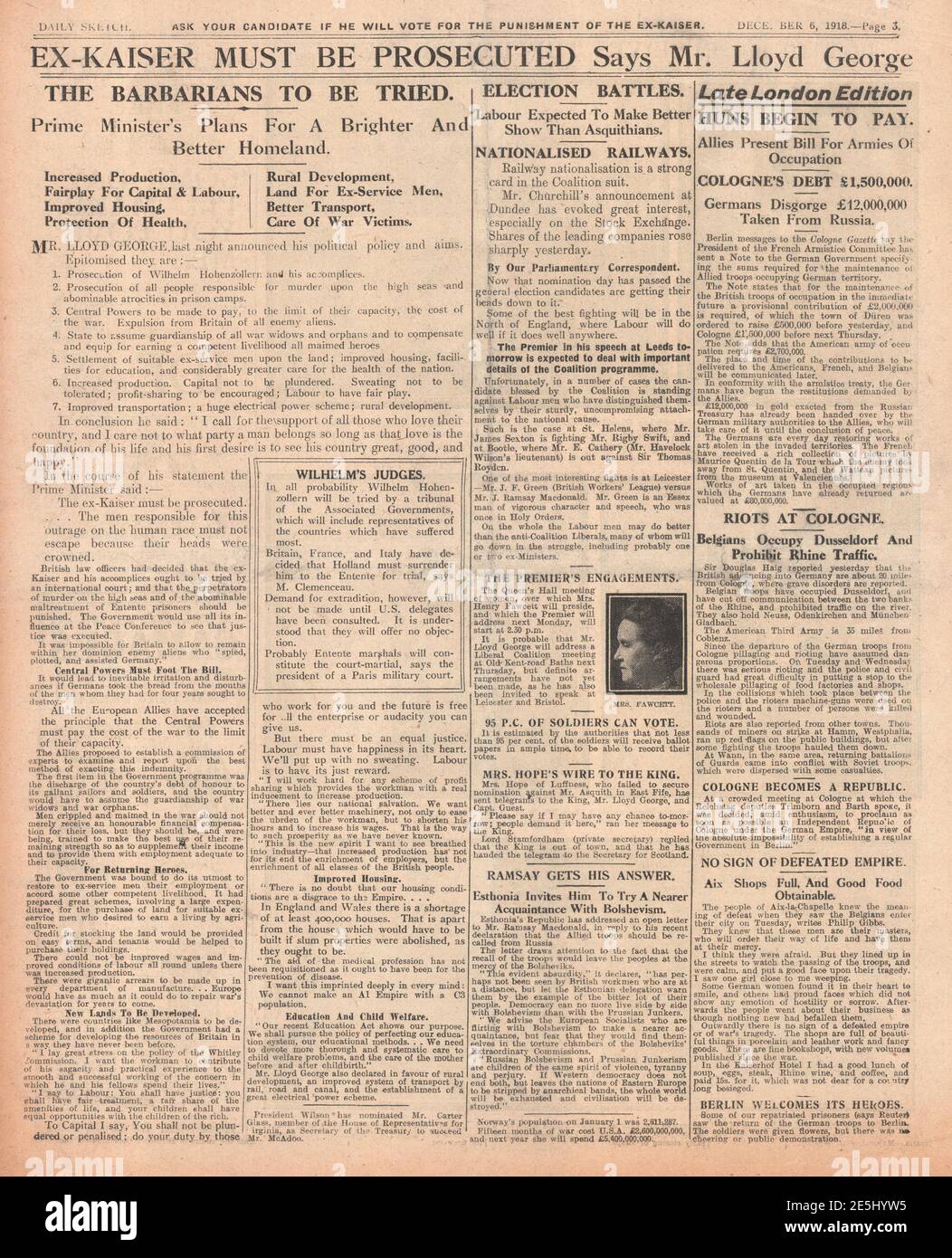1918 Daily Sketch Lloyd-George appelle à poursuivre le Kaiser Banque D'Images