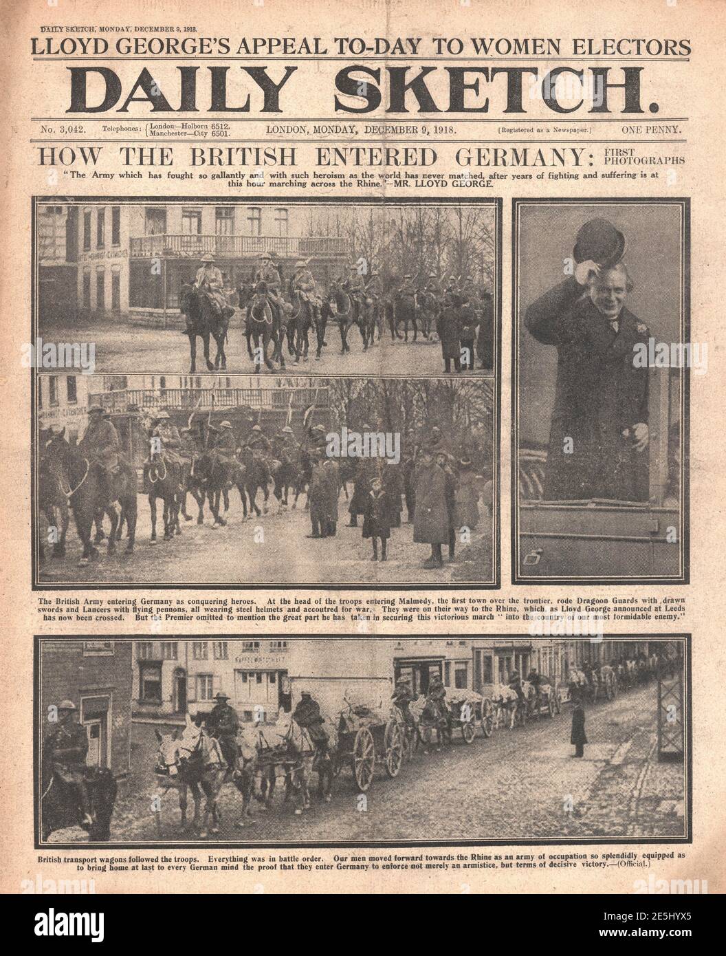 1918 Daily Sketch les troupes britanniques entrent en Allemagne Banque D'Images