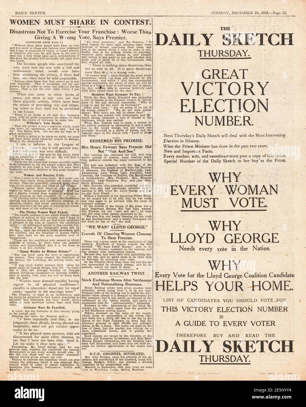 1918 Daily Sketch Lloyd-George s'adresse aux électrices Banque D'Images