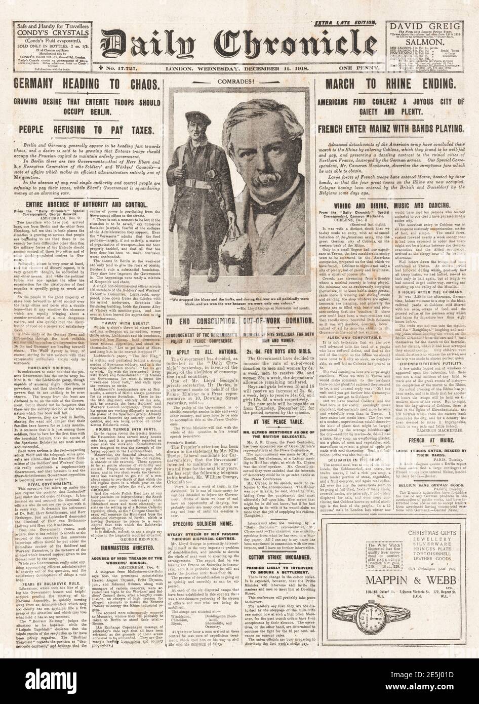 1918 la chronique quotidienne Lloyd-George appelle à la fin de la conscription Banque D'Images