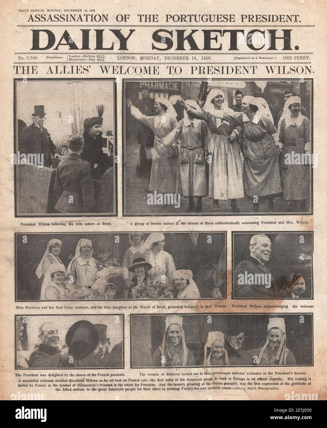 1918 Daily Sketch première page Président Wilson en France Banque D'Images