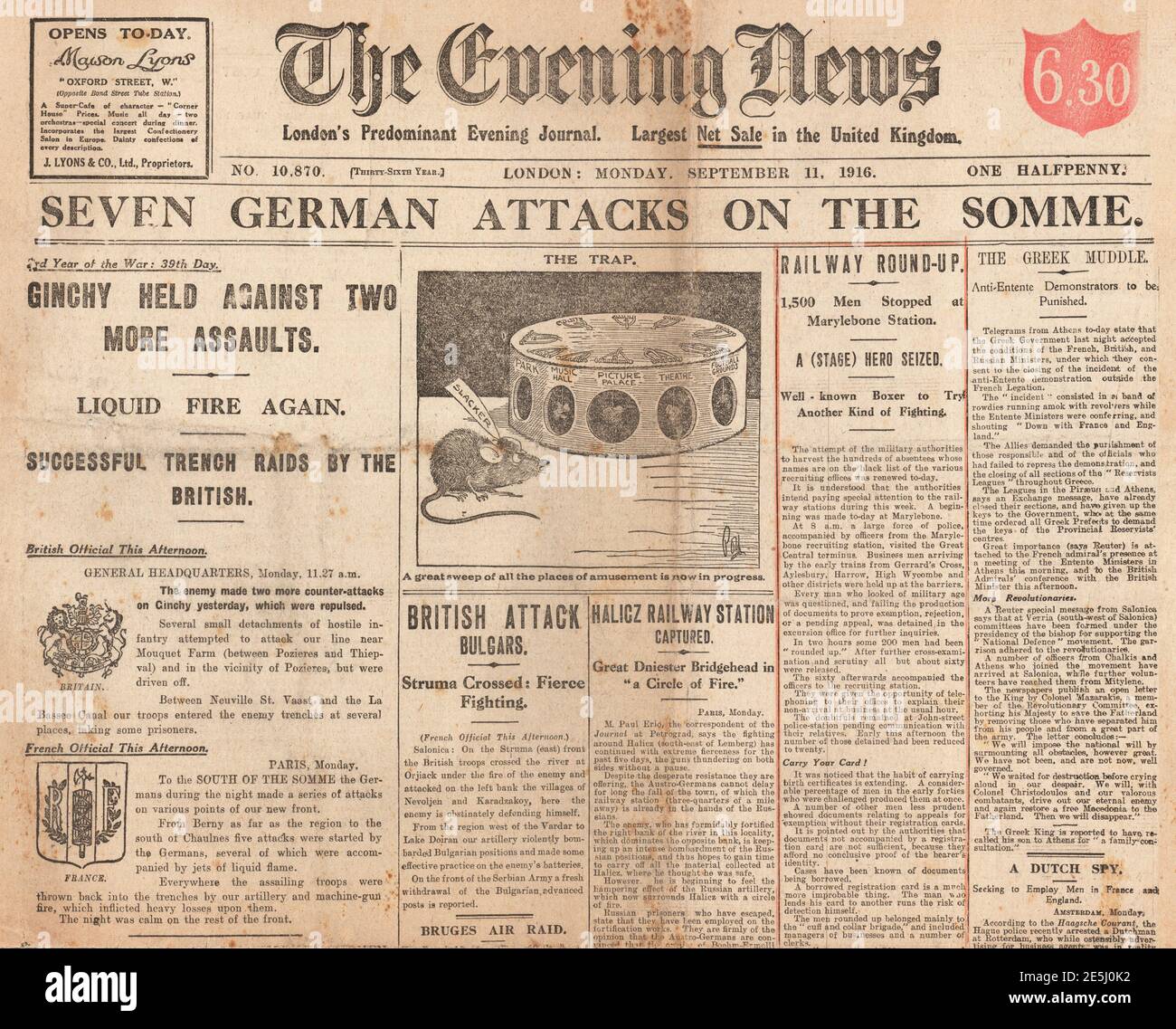 1916 nouvelles du soir première page bataille de la somme Banque D'Images