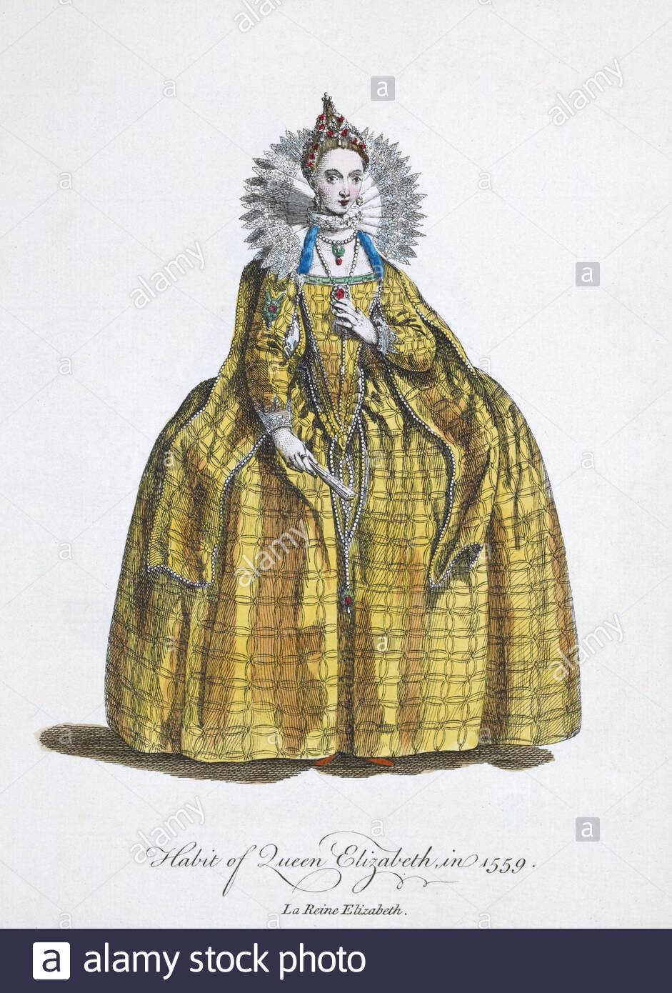L'habitude de la reine Elizabeth I en 1559, 1533 – 1603, fut reine d'Angleterre et d'Irlande de 1558 jusqu'à sa mort le 24 mars 1603, illustration ancienne de 1817 Banque D'Images