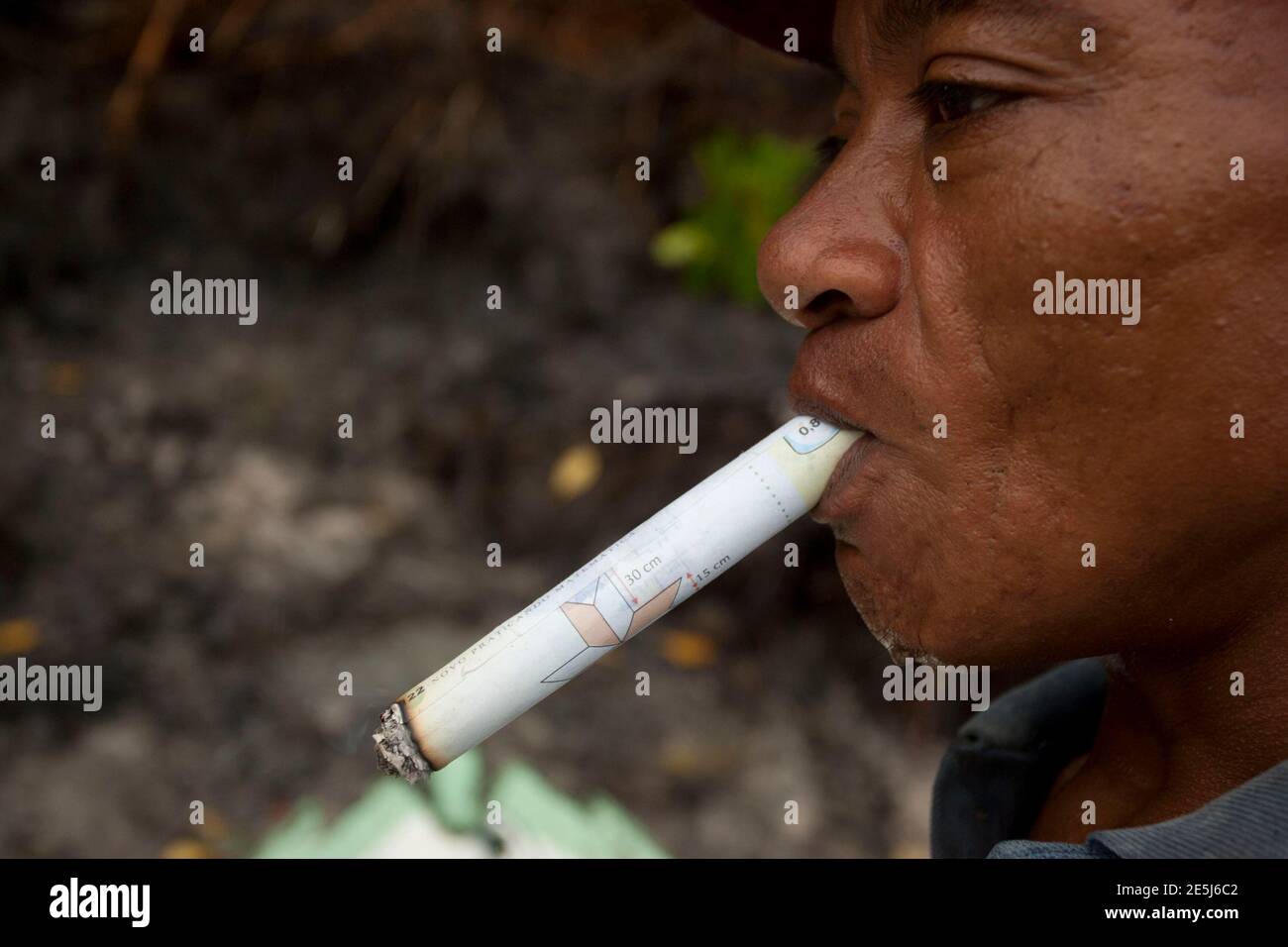 Brazilian fisherman Jose Benedito, 39, smokes a homemade cigar to repel  mosquitos while searching for crabs in the mud surrounding mangrove roots  on the coast of Para State where the fresh water