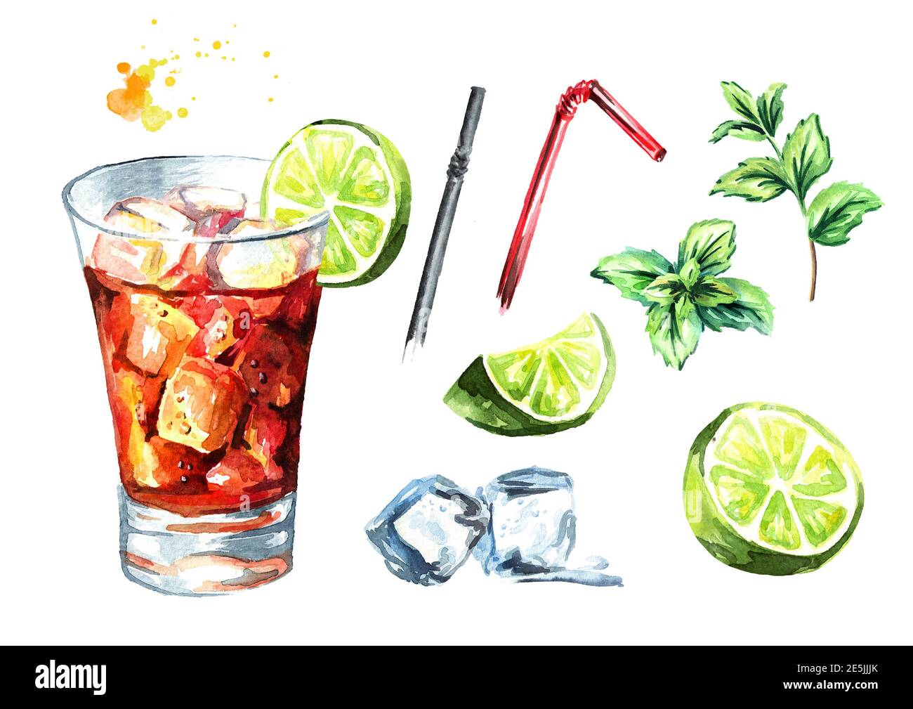 Cuba libre ensemble cocktail. Illustration aquarelle dessinée à la main, isolée sur fond blanc Banque D'Images