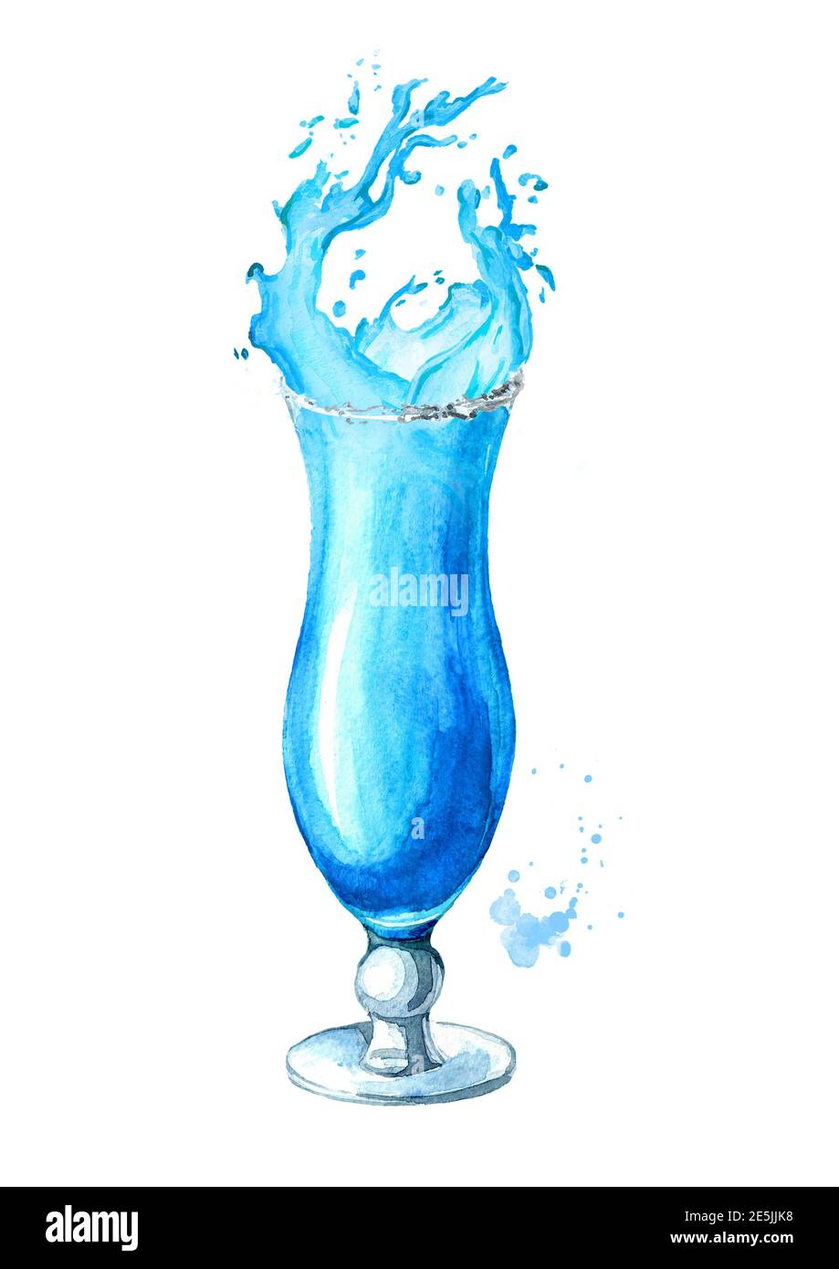 Cocktail lagon bleu avec éclaboussures. Aquarelle illustration dessinée à la main isolée sur fond blanc Banque D'Images
