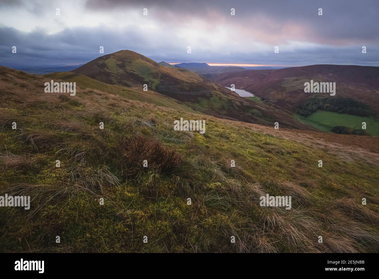 Vue sur le paysage extérieur au coucher du soleil de la loi scalaire depuis Carnethy Hill, dans le parc régional de Pentland Hills, dans le sud-ouest d'Édimbourg, en Écosse. Banque D'Images