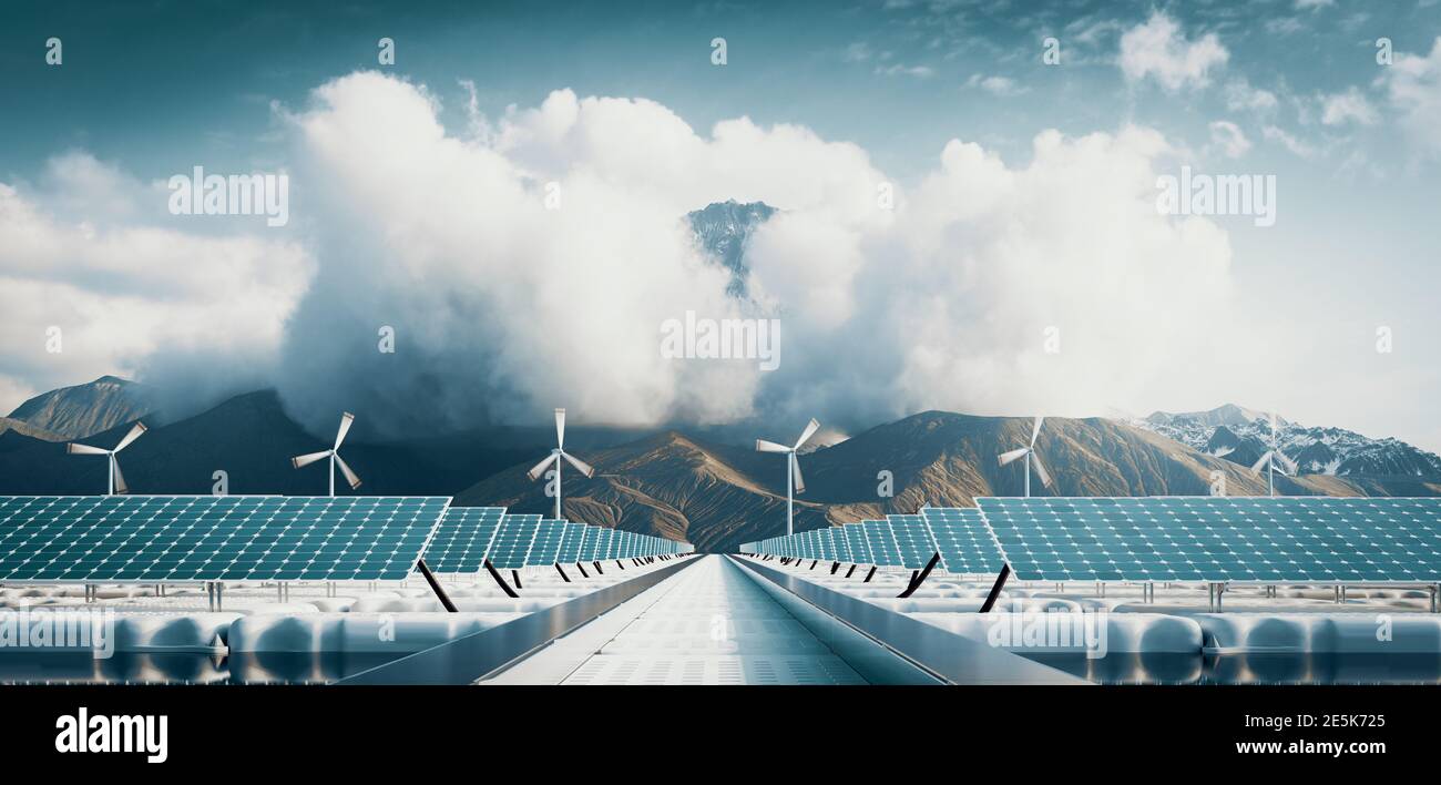 Centrale solaire flottante et parc d'éoliennes offshore avec un arrière-plan majestueux. rendu 3d Banque D'Images Centrale solaire flottante et parc d'éoliennes offshore avec un arrière-plan majestueux. rendu 3d Banque D'Images