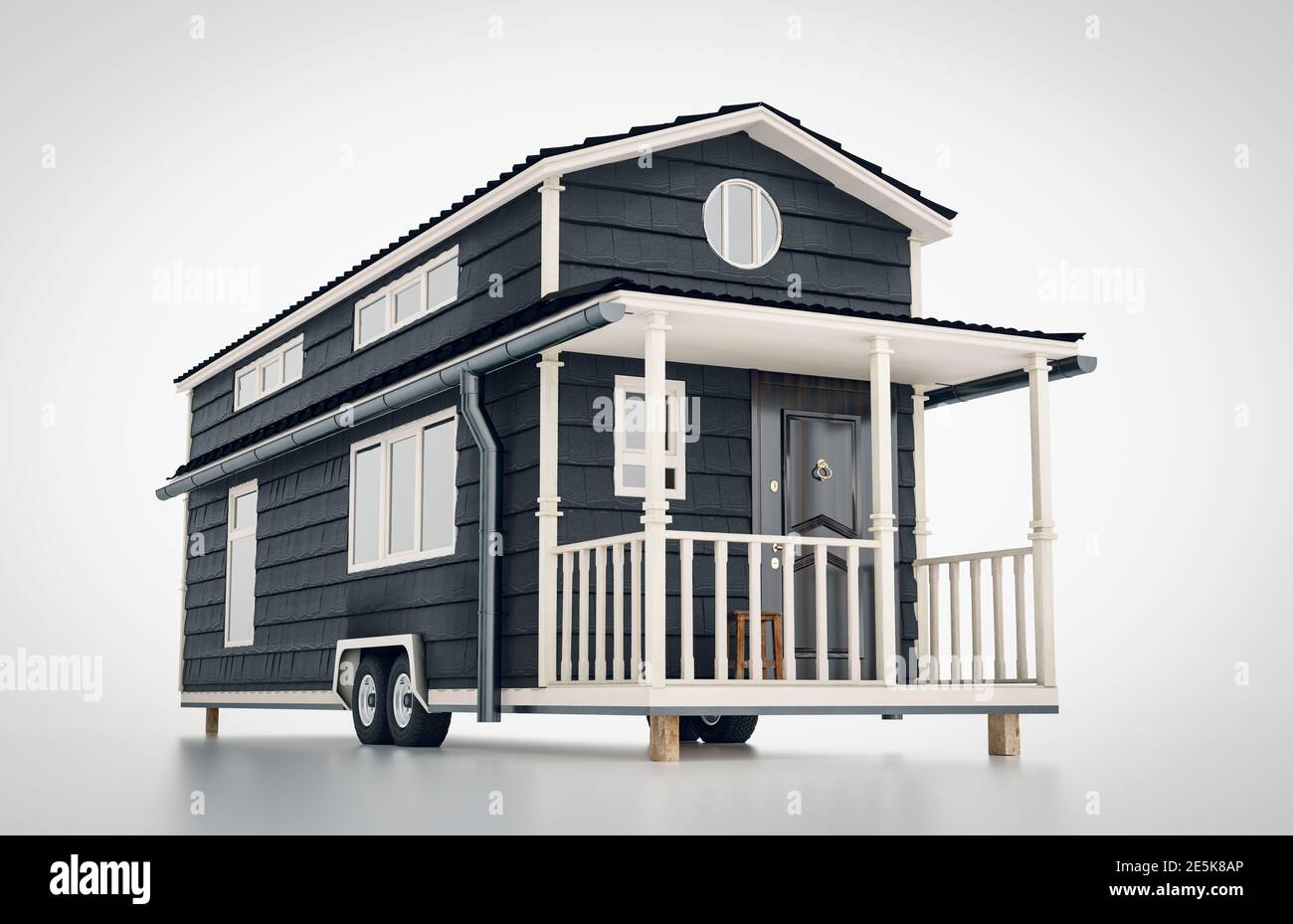 Concept d'une petite maison scandinave mobile isolée sur fond blanc. rendu 3d. Banque D'Images