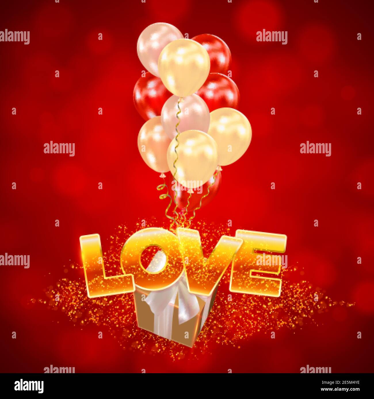 Boîte de cadeaux réaliste avec ballons d'air et inscription étincelante Love. Design de vacances pour fête, anniversaire, anniversaire de Saint Valentin, mariage. Vecteur Illustration de Vecteur